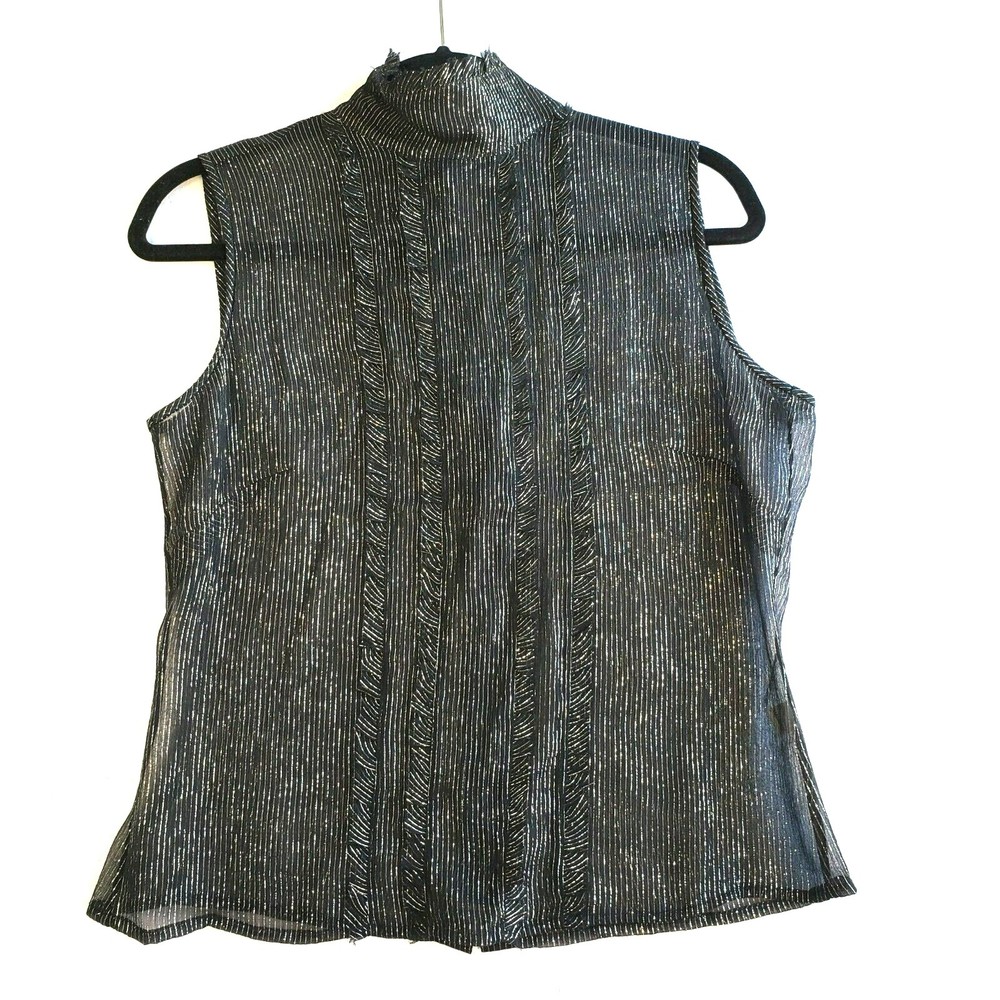 Vintage The Limited Silk Blouse Size M Mock Neck Black Metallic Sheer